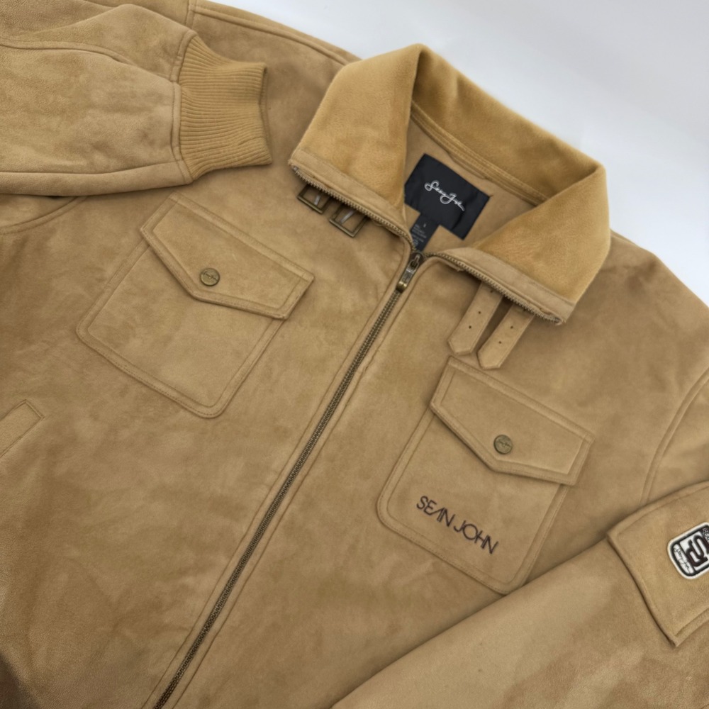 Sean John Bomber Jacket Mens Large Tan Faux Suede Buckle Collar Streetwear Zip
